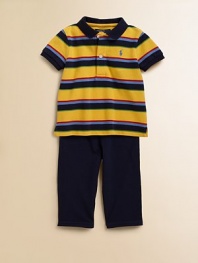 A casual set pairs a playfully striped cotton mesh polo with a comfy cotton mesh pant for an athletic-inspired look. Shirt Ribbed polo collarShort sleeves with ribbed armbandsFront buttonEven vented hem Pants Elastic drawstring waistbandSewn flyAngled hand pocketsCottonMachine washImported