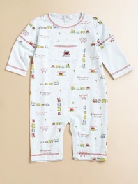 Cheery little freight trains chug and puff their way across soft pima cotton knit to keep your little guy comfy as he follows his own track.Solid color polo collar Contrast stitching Long sleeves Patch chest pocket with locomotive embroidery Front snaps Snap legs Cotton Machine wash Imported Please note: Number of snaps may vary depending on size ordered. 