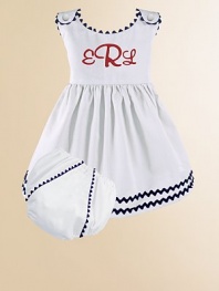 An adorable look for a picnic or a portrait in lightweight cotton piqué with contrasting rick rack trim and a matching diaper cover. Covered button shoulder closures High waist Cotton; machine wash Made in USA Please note: Diaper cover cannot be personalized.FOR PERSONALIZATION Select a quantity, then scroll down and click on PERSONALIZE & ADD TO BAG to choose and preview your personalization options. Please allow 2 to 3 weeks for delivery.