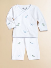 A kimono top, matching pants and embroidered dinosaurs, finished with picot trim makes for a cozy design. V-neck Long sleeves Side snap closure Elastic waist Cotton Machine wash Imported