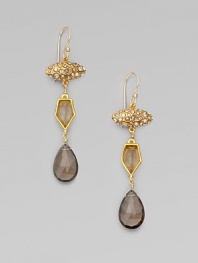 Faceted drops of smoky quartz and moonstone hang elegantly from Swarovski crystal-encrusted oval medallions.Smoky quartz, moonstone and crystal18k goldplatedDrop, about 2¼Ear wireMade in USA