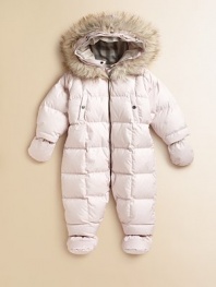 Keep your snow bunny warm in this quilted, weather-resistant design, finished with a faux fur-trimmed hood. Hood with checked lining Detachable fur trim Front zip closure Long sleeves with mittens Front slash snap pockets Attached booties Polyester fill Polyester Machine wash ImportedPlease note: Number of buttons/snaps may vary by size ordered. 