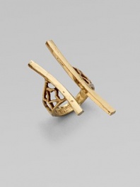 A truly unique design with an beautifully detailed shank and two organic-shaped sticks that is sure to stand out. BrassWidth, about 1Adjustable ring sizeMade in USA