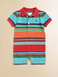 This vivid striped polo-style one-piece is crafted in plush cotton and accented with a ribbed knit collar.Shirt collarShort sleevesFront button placketBottom snapsCottonMachine washImported Please note: Number of buttons and snaps may vary depending on size ordered. 