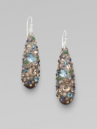 Elongated teardrops of hand-sculpted, hand-painted Lucite are richly sprinkled with Swarovski crystals in a bright array of colors.LuciteCrystalDrop, about 2¼Sterling silver ear wireMade in USA