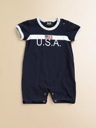 Baby will be ready for the races in this adorable one-piece Team USA tracksuit with contrasting trim and plenty of snaps for easy on and off.Crewneck with snapsShort sleevesBottom snaps90% cotton/10% spandexMachine washImported Please note: Number of snaps may vary depending on size ordered. 