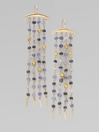 A four-strand fringe design dangles tiny beads of multi-hued sapphires and 18k gold from a polished 14k gold bar.Sapphire 14k and 18k yellow gold Length, about 3 Ear wire Imported