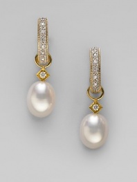 Lustrous white freshwater pearls, with dazzling diamond accents, are ready to hang from your favorite hoops. Diamonds, 0.03 tcw White freshwater pearls 18k yellow gold Drop, about ¾ Spring ring clasp Imported Please note: Earrings sold separately.