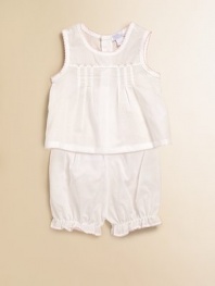 Your little one will love wearing this lightweight two-piece set with dainty rosebuds and feminine detailing. Round necklineSleevelessFront pleatingScallop trim at the neckline, arms and legsBack button closureElastic band at waist and leg openingsPima cottonMachine washImported
