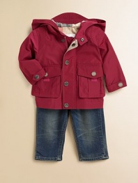 A casual, lightweight topper with hood and chin belt sure to keep baby warm and dry.Hidden front zipper with snap placket Front patch pockets Snap-button tabs at sleeve hem Comes with zippered pouch Fully lined Polyester Machine wash Imported