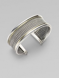 From the Wheaton Collection. A sophisticated cuff combining woven rows of sterling silver with a polished edge and accents of 18k yellow gold. Sterling silver and 18k yellow gold Diameter, about 2½ Width, about ¾ Made in USA