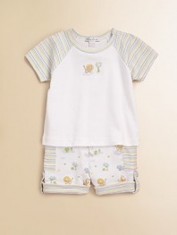 Colorful stripes and happy animals is a charming and comfortable style for your little one. Crewneck with snap closureShort sleevesSolid bodice with center embroidered animalDual patch pockets on shortsFolded cuffs with snap tabsPima cottonMachine washImported