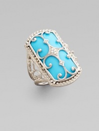 A lavishly detailed ring in sterling silver and 18K gold with a Florentine finish, delicate granulated edging, turquoise cabochons and diamond accents.Diamonds, 0.03 tcw Turquoise Sterling silver and 18K gold About 1 X ½ Imported
