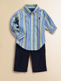 An adorable preppy set includes a multi-striped poplin roll-tab shirt, a chino pant and a classic grosgrain belt for a heritage-infused ensemble. Shirt Button-down collarLong roll-tab sleeves with barrel cuffsFront buttonsShirttail hem Pants Front button closure with zip flyElasticized, belted waistbandAngled front hand pockets and buttoned back welt pocketsCottonMachine washImported