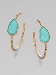 From the Trujillo Collection. A slender beaded hoop is richly punctuated by a faceted, teardrop-shaped doublet combining turquoise with a layer of rock crystal for a softer tone.Turquoise and rock crystalBronzeDiameter, about 1½Post backMade in USA