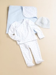 An adorable kimono-style top and pant set in soft cotton jersey.V-neckLong sleevesWrap front with ribbon tieSnap closure at hemElastic waistbandCottonMachine washImported Please note: Number of snaps may vary depending on size ordered. 
