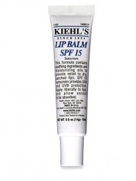 A traditional base formulated with the latest technology, this emollient balm helps to moisturize and soothe dry, parched lips with skin conditioning agents as Sweet Almond Oil, Wheat Germ Oil, Aloe Vera and Squalane. SPF 15 sunscreen provides UVA and UVB protection. Its slanted applicator tip ensures a gentle, even application. 0.5 oz. 