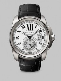 Classically elegant, this enduring timepiece of sturdy yet refined stainless steel boasts large Roman numerals and an exotic alligator strap.Workshop-crafted mechanical movement with automatic winding Water resistant to 100 feet Stainless steel case, 42mm, (1.6) White opaline dial Calendar aperture at 3 o'clock Second counter at 6 o'clock Roman numeral markers Stainless steel hands Alligator strap Made in Switzerland
