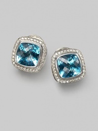 From the Albion Collection. A dramatic center of faceted blue topaz, surrounded by pavé diamonds set in sterling silver. Diamonds, 0.49 tcw Blue topaz Sterling silver About ½ square Post back Made in USA