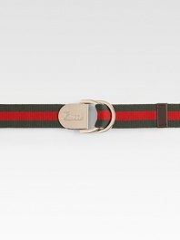 A fashionable belt with signature web detail and leather trim for your little one.D-ring buckle with engraved Gucci scriptSilvertone hardwareAbout 1 wideNylon and leatherImported