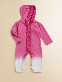 Soft, plush French terry and a cozy hood keep your little girl comfy and warm, detailed with sweet ruffles in an ombré heather knit.Attached hood with ruffled trimLong slightly puffed sleevesRuffled snap placketRuffled snap legs63% cotton/37% polyesterMachine washMade in USA Please note: Number of snaps may vary depending on size ordered. 