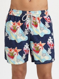 Get set for instant fun in the sun with this tropical island turtle print short, complete with back eyelets to avoid a ballooning effect.Drawstring elastic waistBack flap pocket with grip-tape closureMesh liningPolyamideMachine washImported