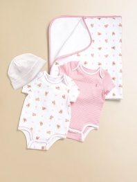 A pack of two adorable bodysuits rendered in ultra-soft printed cotton jersey.Envelope necklineShort sleevesBottom snapsPrinted tag to prevent skin irritationCottonMachine washImported Please note: Number of snaps may vary depending on size ordered. 