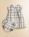 Dress your little girl in elegant, subdued checks with an Empire waist, ruffle trim and matching bloomers.Peter Pan collar Decorative front buttons Sleeveless with ruffle trim Back button closure Bloomers have elastic waist and leg openings Cotton Machine wash Imported Please note: Number of buttons may vary depending on size ordered. 