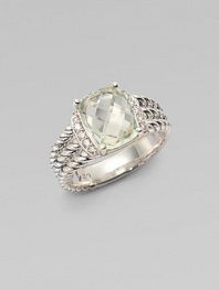 From the Petite Wheaton Collection. A stunning, faceted prasiolite stone flanked by brilliant diamonds on a sterling silver, triple-row shank. Prasiolite Diamonds, .1 tcwSterling silverImported