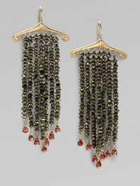 Pyrite and black spinel beaded fringe with garnet drops and gold accents.Pyrite & black spinel Garnet 14K gold 10K gold Length, about 3 Width, about 1¼ French earwires Imported 