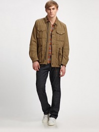 Utilitarian-inspired outerwear exudes remarkable craftsmanship and detail, crafted in durable cotton and nylon blend with an array of pockets for added versatility.Zip frontSnap button placketChest, waist flap pocketsDrawstring tie waistAbout 28¼ from center back neck63% cotton/37% nylonDry cleanImported