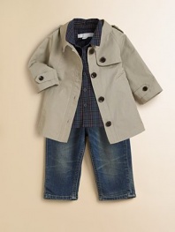 A dapper topper well-tailored for the little guy in soft cotton with shoulder epaulets and buttoned chest flap.Front button closure Slash pockets Buttoned tab at sleeve hem Buttoned back flap Attached back strap Back vent Full cotton lining Cotton Machine wash Imported