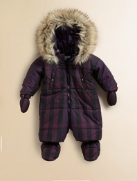 Adorable check-covered suit with detachable faux-fur trimmed hood, gloves and booties.Front snaps at hood Front zipper closure Front snap pockets Snap-off glove and bootie Polyester with polyester fill Machine wash Imported