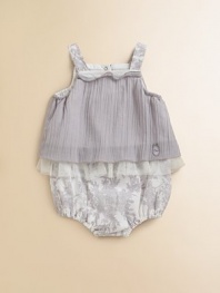 Lavish pleats, ruffles and tulle take this one-piece, bubble silhouette to a more elegant place.Ruffled squareneckSleevelessPleated overlayElastic leg openingsCottonMachine washImported Please note: Number of snaps may vary depending on size ordered. Additional InformationKid's Apparel Size Guide 