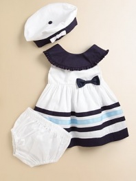 She'll turn heads and sink ships in this frilly, nautical-themed frock with matching bloomers and sailor hat.Round necklineSleevelessBack buttonsHigh-waisted with bowFull skirtStriped hemCottonMachine washImported Please note: Number of buttons may vary depending on size ordered. 
