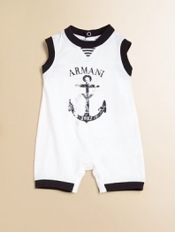 A soft, knit playsuit with nautical touches for easy comfort on steamy days.Contrast ribbed crewneckSleeveless with ribbed armhole trimFaded anchor design screened on frontBack snapsSnap legs with contrast ribbed trimCottonMachine washImported Please note: Number of snaps may vary depending on size ordered. 