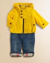 This packable, casual, lightweight layer with attached hood is sure to keep baby warm and dry.Attached hoodLong sleeves with button cuffsFull front zip with button bibSide pockets with button closureFully linedPolyamideMachine washImported Please note: Number of buttons may vary depending on size ordered. 
