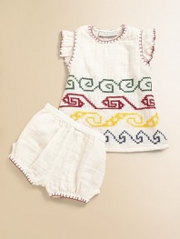 Bands of colorful embroidery decorate this charming set, finished with a whip stitch detail.CrewneckShort sleevesPullover styleMatching bloomer with elastic waist and leg openings CottonMachine washImported