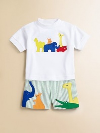 A colorful zoo animal appliqué lends this cozy knit a little wild and wooly touch.CrewneckShort sleevesPullover styleRibbed collar and armbandsCottonMachine washImported