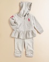 An iconic big pony embellishment is front and center along this adorable matching fleece hoodie and sweatpants set. Hoodie Attached hoodLong sleeves with ribbed cuffsZip-front closureKangaroo pocketRuffle hem Sweatpants Elastic waistband with bow tie detailSide ruching along ankles55% cotton/40% polyester/5% elastaneTrim: cottonMachine washImported
