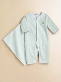 Baby's got two great looks, an allover print on one side and gingham print when reversed. Front snaps to bottom for a quick change Picot trim Cotton; machine wash Imported