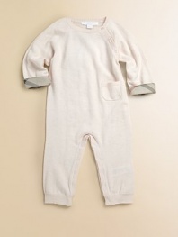 Snuggle your little one into a sweater-soft coverall in a luxurious blend of cashmere and cotton with check trim.Ribbed crew necklineLong raglan sleeves with buttons at one seamChecked turn-back cuffsOne patch pocketSnap legs with ribbed cuffs50% cashmere/50% cottonDry cleanImported Please note: Number of buttons and snaps may vary depending on size ordered. 