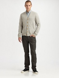 Handsomely striped cotton-knit cardigan with contrast buttons for a heritage-feel.ButtonfrontZippered slash pocketsRibbed cuffs and hemAbout 26½ from shoulder to hemCottonMachine washImported