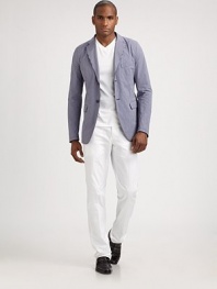 Modern-fit silhouette sets the tone for this leisure-style, striped blazer, rendered in superior Italian cotton.Two-button frontChest welt, waist flap pocketsRear ventAbout 29 from shoulder to hemCottonDry cleanMade in Italy