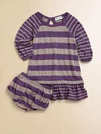 Thick-and-thin stripes on a soft heathered knit create a comfy dress for play and parties, complete with matching bloomers.Long sleeve pullover Banded neckline Raglan shoulders Drop waist with ruffled flounce Keyhole back button closure Matching bloomers with elasticized waist and leg openings 50% polyester/25% Supima cotton/25% modal Machine wash Imported