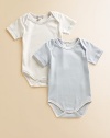 Comfy baby basics in soft cotton knit, offering one dot and one solid design.Envelope shoulders for easy on and off Short sleeves Snap bottom Cotton; machine wash Imported