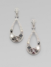 From the Ambrosia Collection. Delicate sterling silver teardrop hoops sparkle with hematite, white sapphire, pink corundum, clear crystal and black mother of pearl.Hematite, white sapphire, pink corundum, crystal and black mother of pearlSterling silverDrop, about 2¼Hinge-and-post backImported