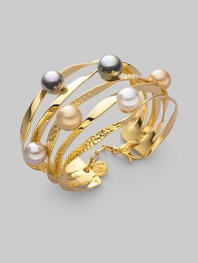 From the Ribbon Collection. Graceful golden ribbons, some smooth, some textured, hold lustrous pearls in a spectrum of soft shades. 10mm round white, grey, nuage and champagne man-made organic pearls 18k goldplated sterling silver Diameter, about 2¼ Width, about 1½ Lobster clasp Made in Spain