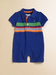 A classic cotton mesh polo shortall is updated for warmer months with short sleeves and bold stripes for a fun, preppy style.Ribbed polo collarShort sleevesFront button placketBottom snapsCottonMachine washImported Please note: number of buttons and snaps may vary depending on size ordered. 