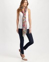 A bold, mod print adds intoxicating pops of color to this fringe-trimmed style. 28 X 8251% silk/49% cashmereDry cleanImported